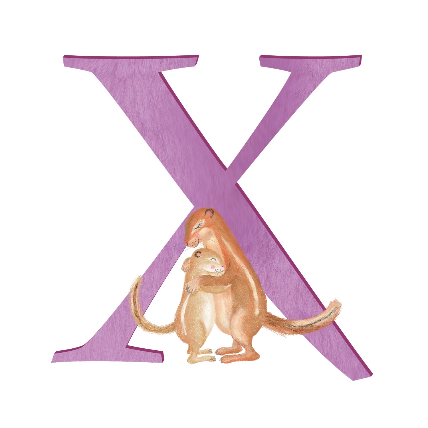 Purple capital letter X with a cute mother and baby Xerus, an African ground squirrel.