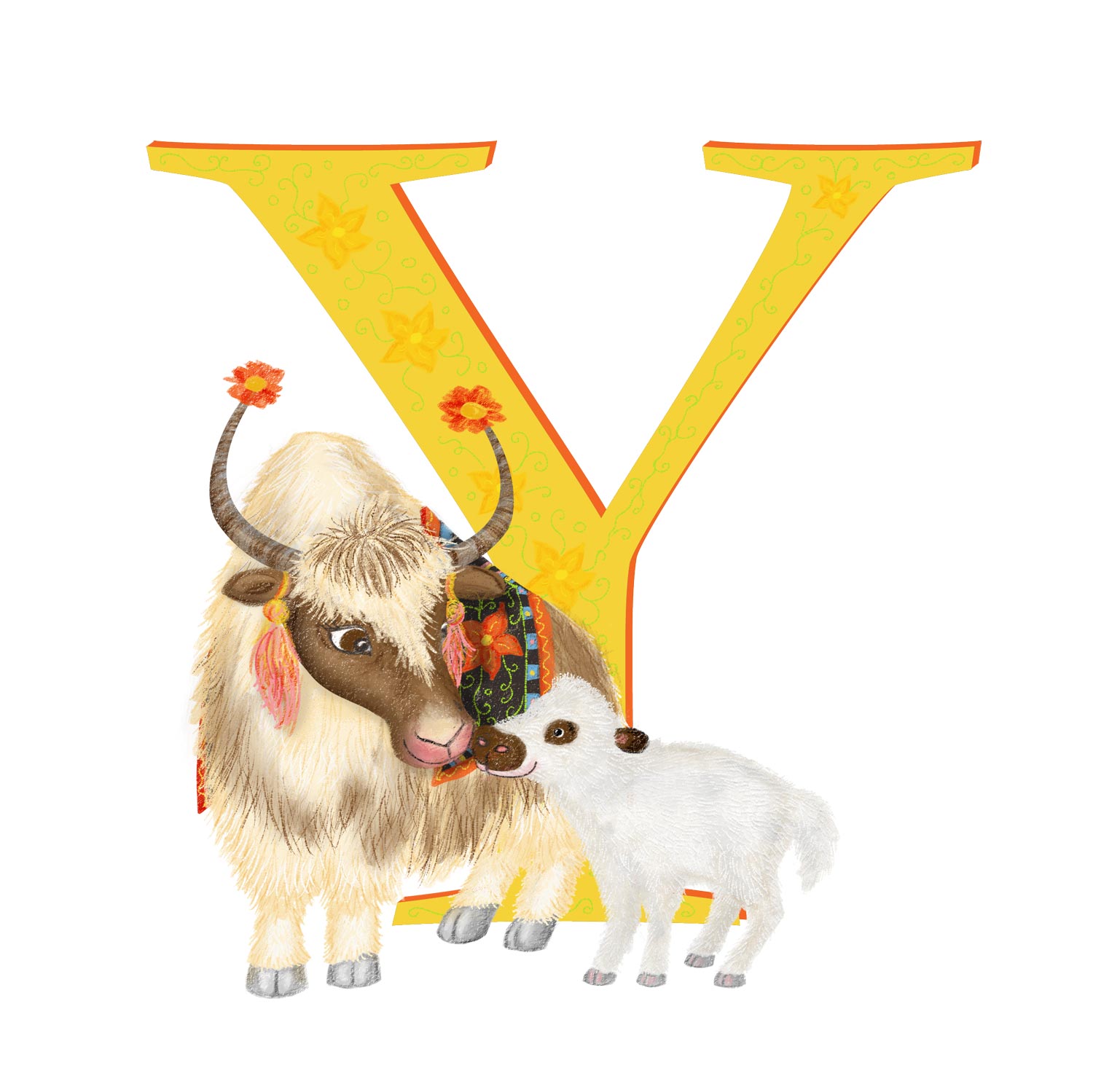 Yellow capital letter Y with a cute mother and baby yak.