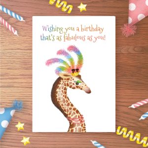 Birthday card with a glamorous giraffe wearing a crown and feather headdress, and 'Wishing you a birthday as fabulous as you!' message.