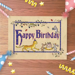 Medieval-style birthday card with a leopard, 2 hares carrying a cake and a tabby cat holding a gift.
