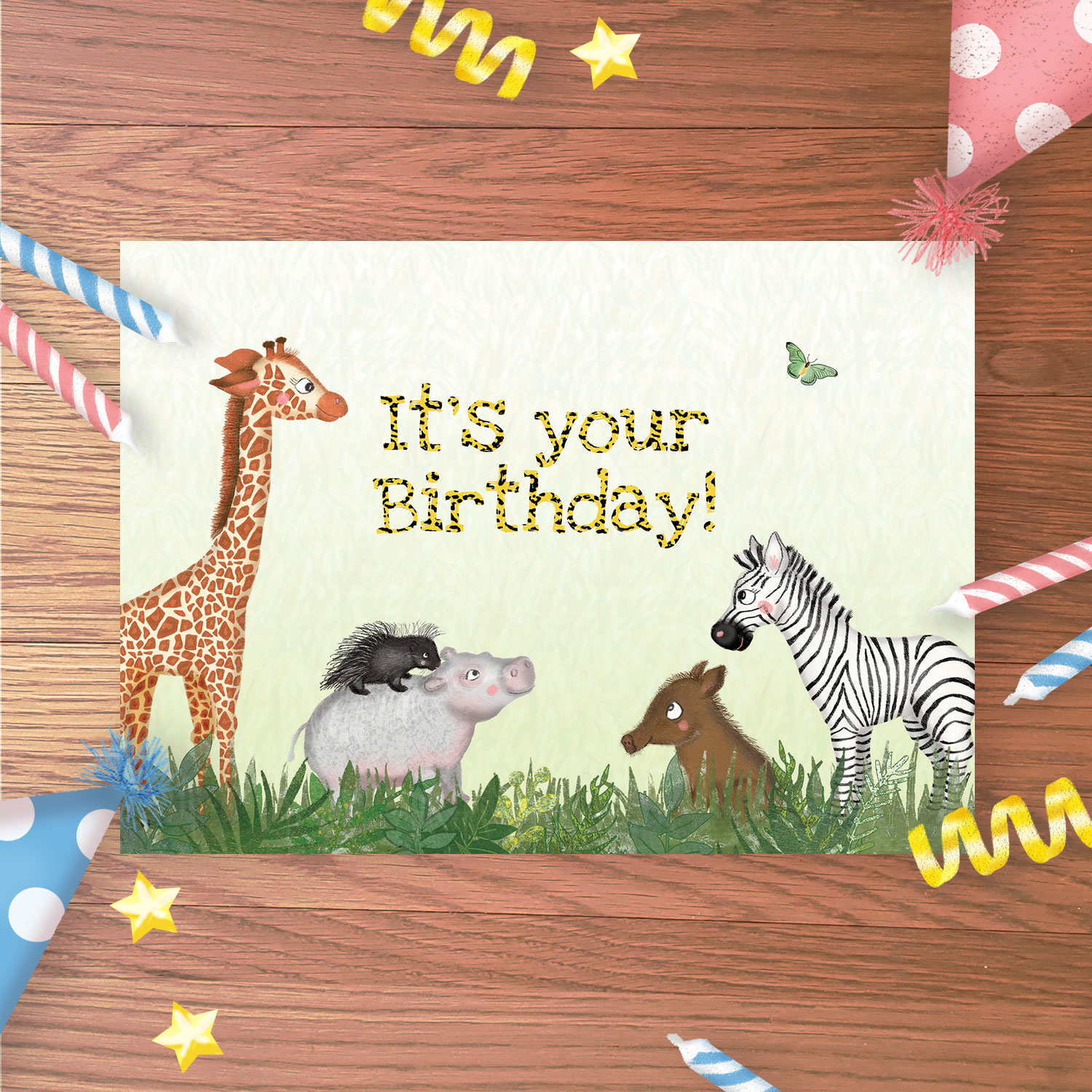Birthday card with a baby giraffe, hippo, porcupine, warthog and zebra and 'It's your birthday!' message.