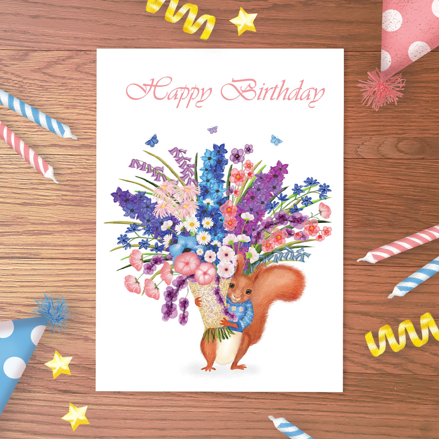 Birthday card with a red squirrel holding a huge bouquet or pink, blue and purple flowers.