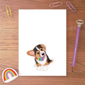 Greetings card with a cute corgi puppy wearing a rainbow bandana.