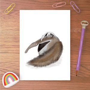 Greetings card with a mother anteater with her baby on her back.
