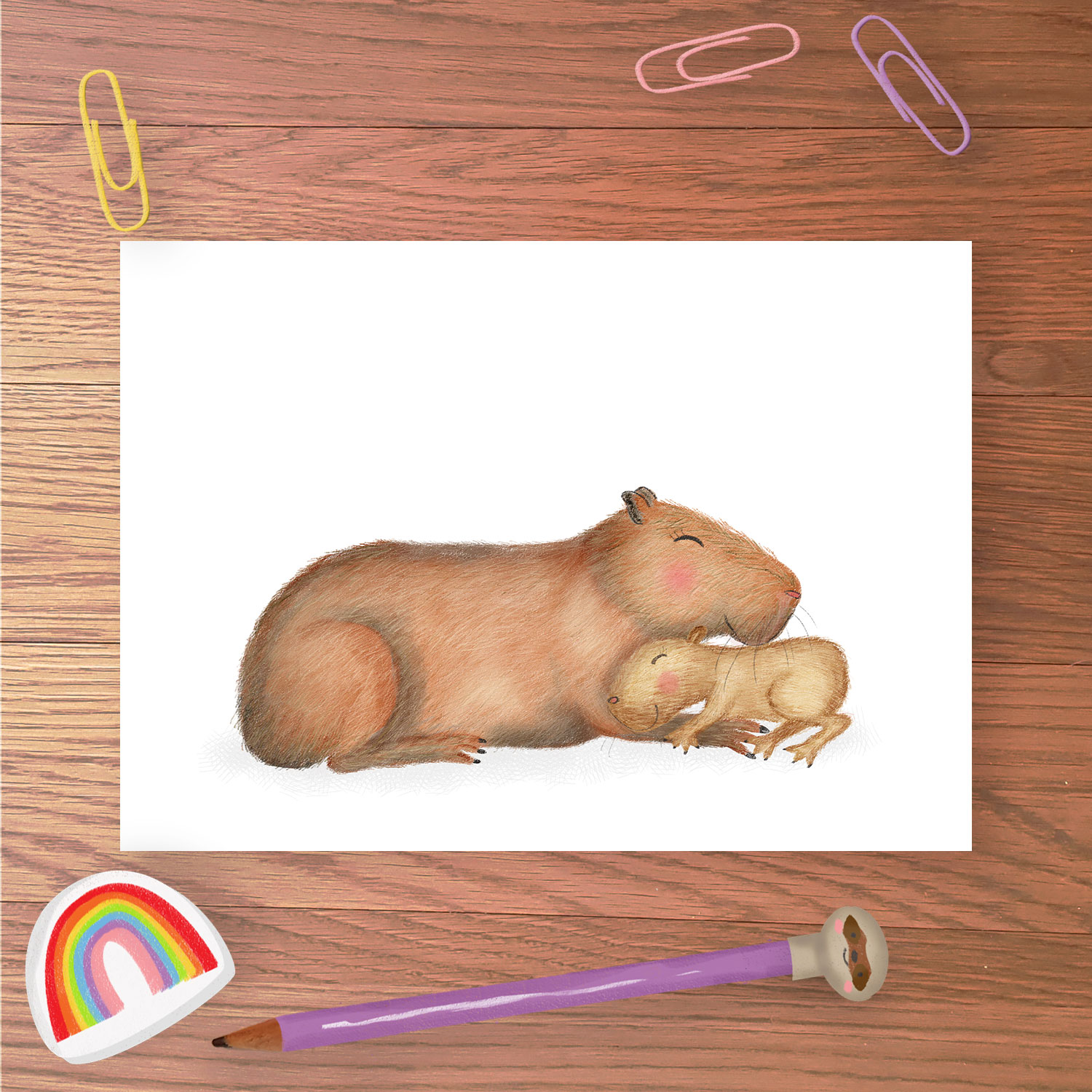 Greetings card with a capybara mother and baby.