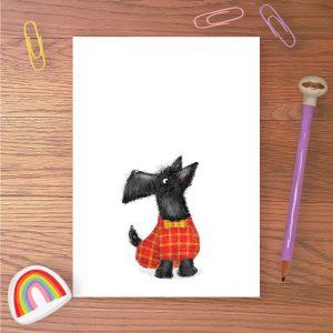 Greetings card with a Scottie dog wearing a red and yellow tartan coat and bowtie.