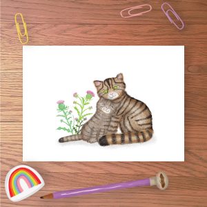 Greetings card with mother Scottish wildcat and kitten with thistles in the background.