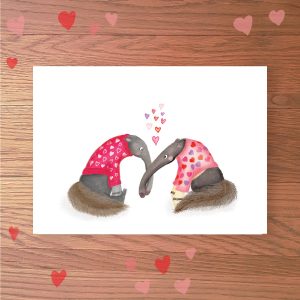 Greetings card with two anteaters wearing pink heart-patterned jumpers, with their snouts entwined.