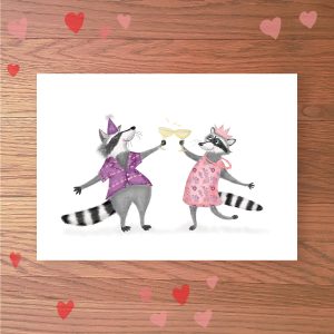 Greetings card with two raccoons in party clothes, clinking glasses of champagne together.