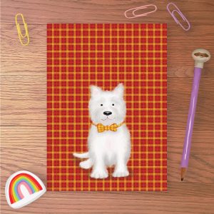 Greetings card with a West Highland terrier (Westie) dog wearing a tartan bowtie, on a tartan background.