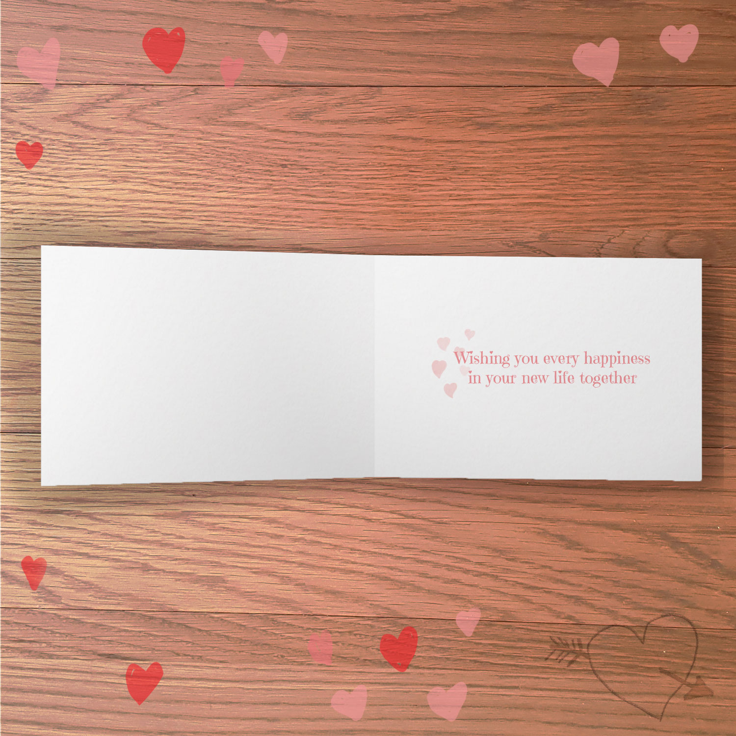 Inside of a greetings card with the message Wishing you every happiness in your new life together.