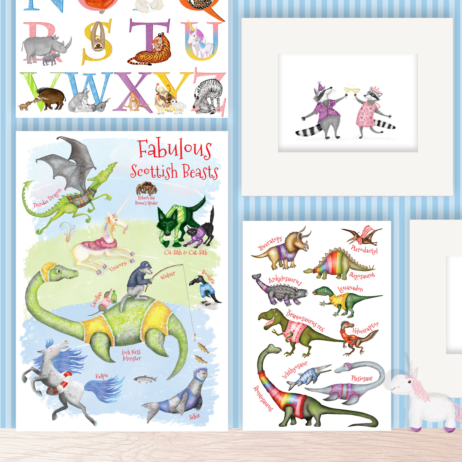 Colourful prints of animals and dinosaurs.