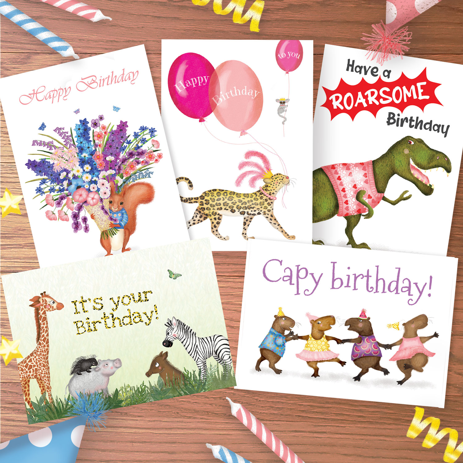 Fun colourful animal birthday cards.