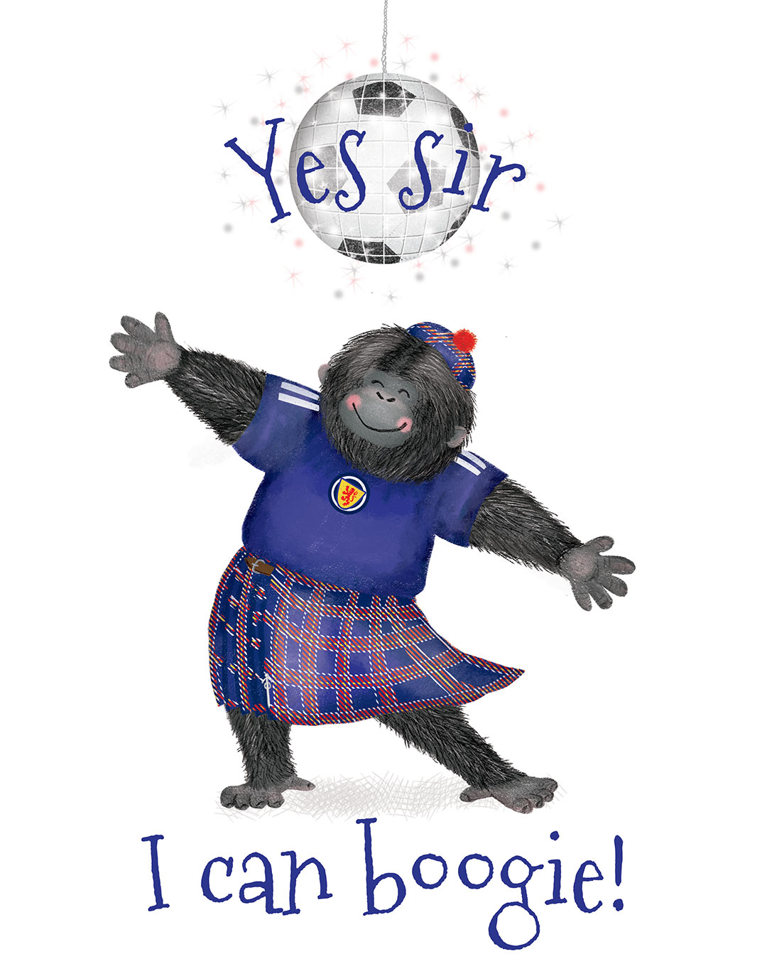 football-gorilla Drawing of a dancing gorilla wearing a kilt, with a glitterball football above him and the text 'Yes sir I can boogie!' written around him.