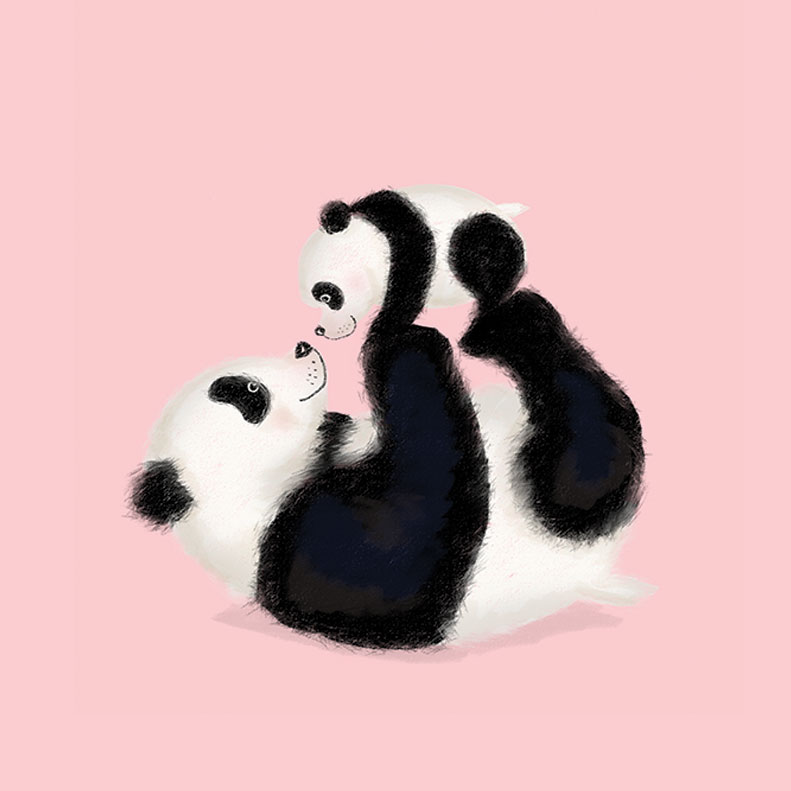 Drawing of a cute mother panda and cub on a pink background.
