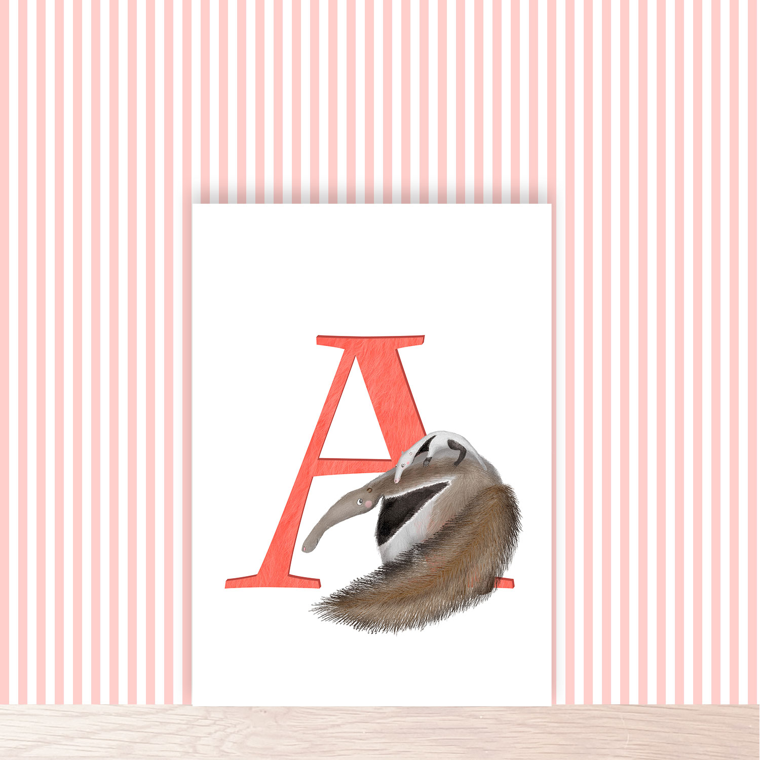 Print on a shelf of a capital letter A with a cute mother anteater with her baby on her back.
