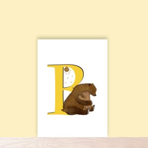 Yellow capital letter B with a cute mother and baby bear hugging.