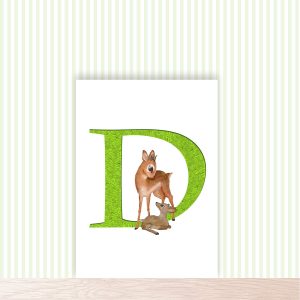 Green capital letter D with a cute mother and baby dikdik.