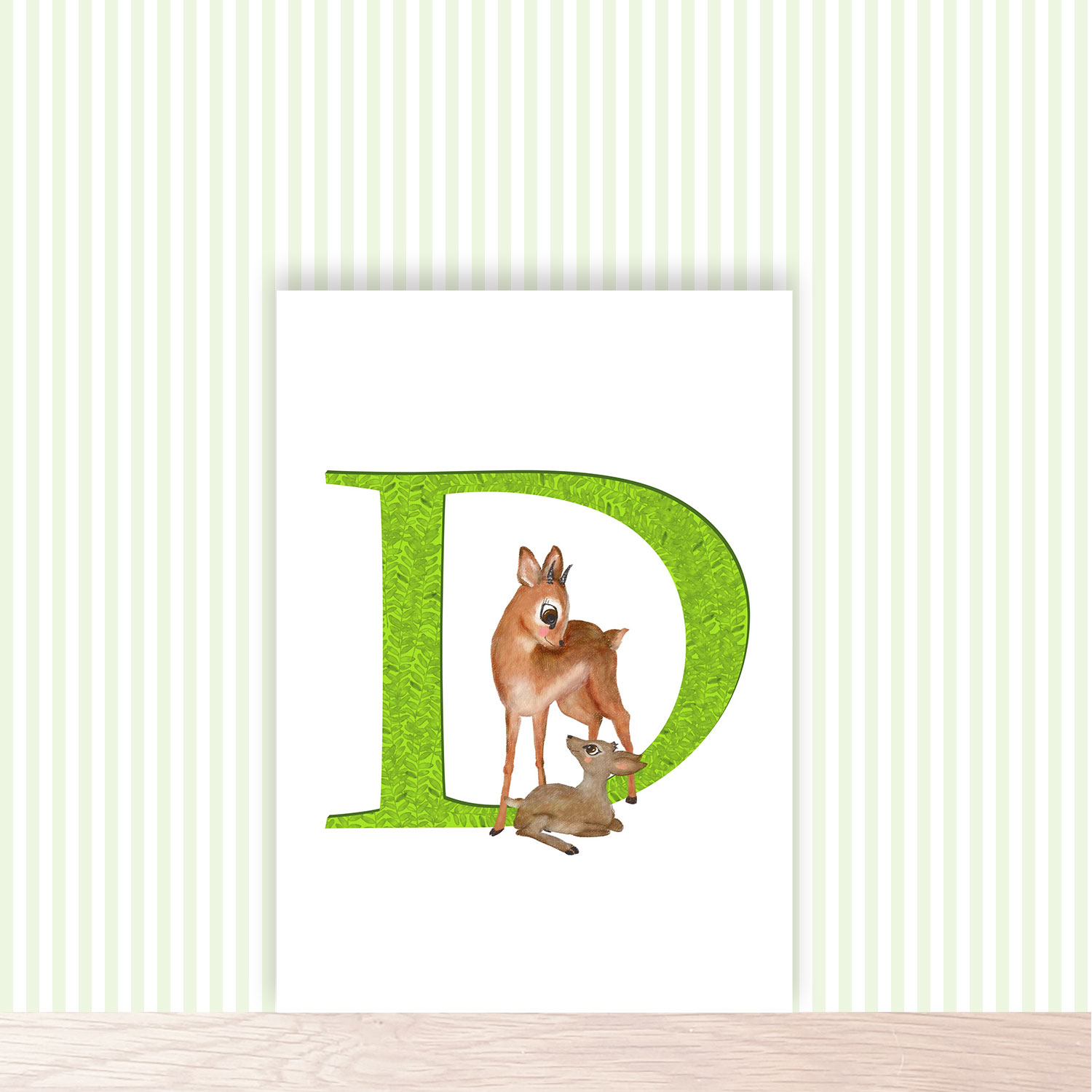 Green capital letter D with a cute mother and baby dikdik.