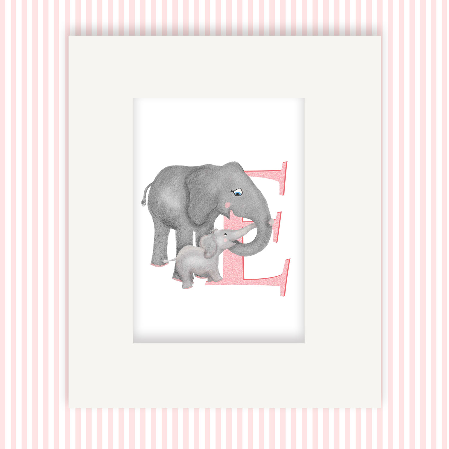 Mounted print hanging on the wall, of a capital letter E with a cute mother and baby elephant linking trunks.