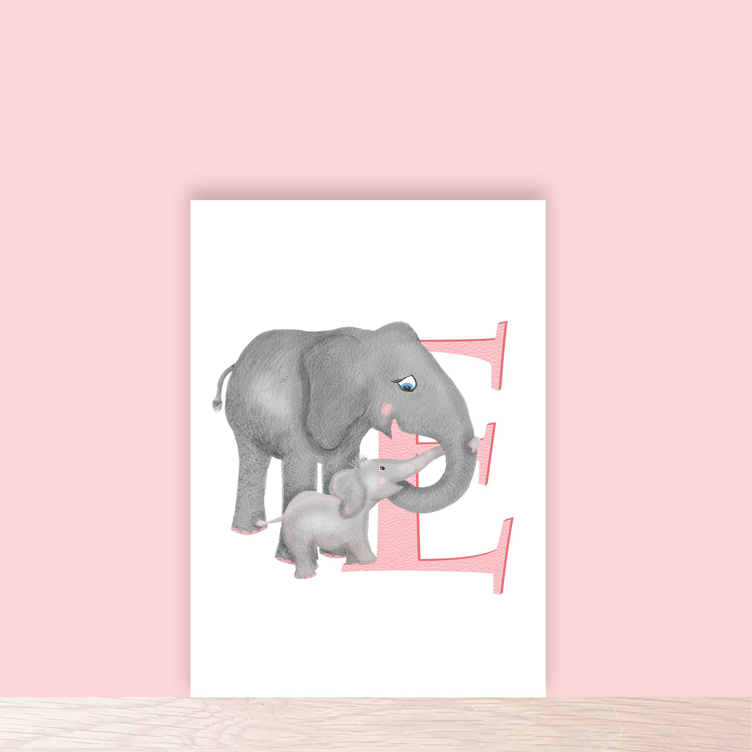 Pink capital letter E with a cute mother and baby elephant linking trunks.