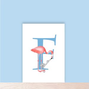 Blue capital letter F with a cute mother flamingo and chick.