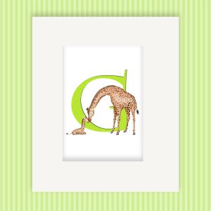 Mounted print hanging on wall, with a green capital letter G and a cute mother and baby giraffe.