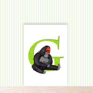 Green capital letter G with a cute father gorilla holding a baby gorilla.