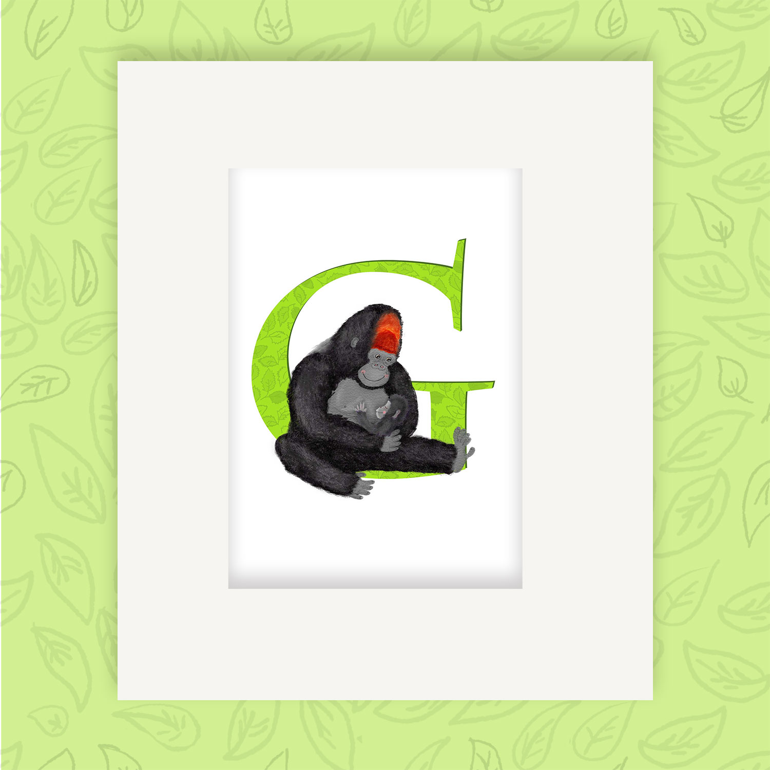 Mounted print hanging on the wall, of a green capital letter G with a cute father gorilla holding his baby.