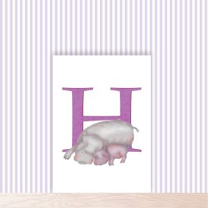Purple capital letter H with a cute mother and baby hippo snuggled together.