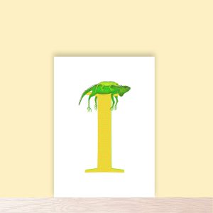Yellow capital letter I with a cute baby iguana on its mother's back.