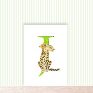 Green capital letter J with a cute mother and jaguar with her cub on her back.