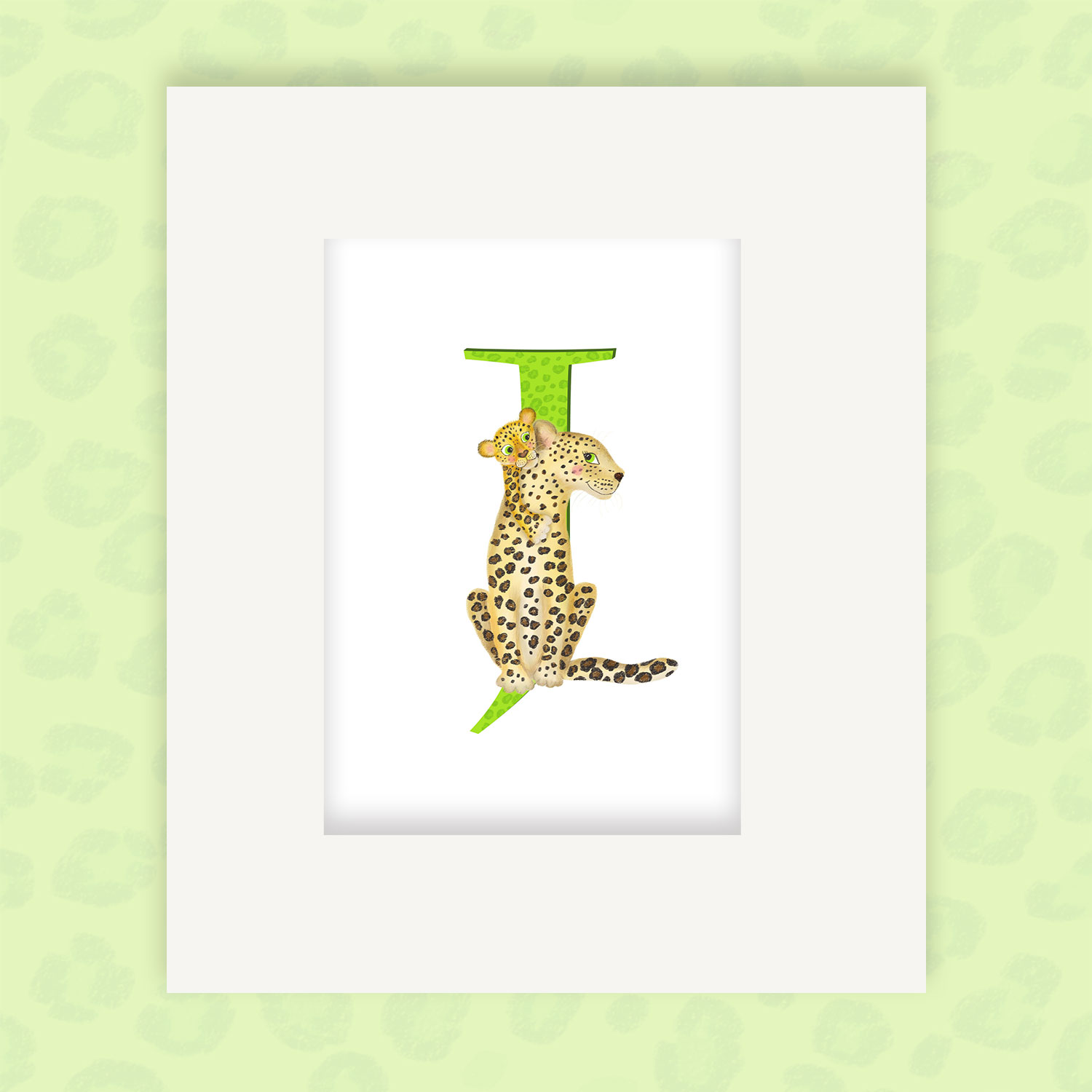 Mounted print hanging on the wall, of a green capital letter J with a cute mother jaguar and cub.