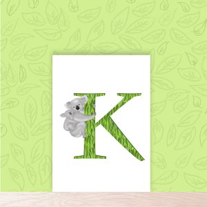 Green capital letter K with a cute mother koala with her baby on her back.