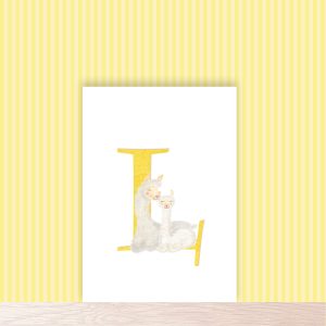 Yellow capital letter L with a cute mother llama and baby cria.