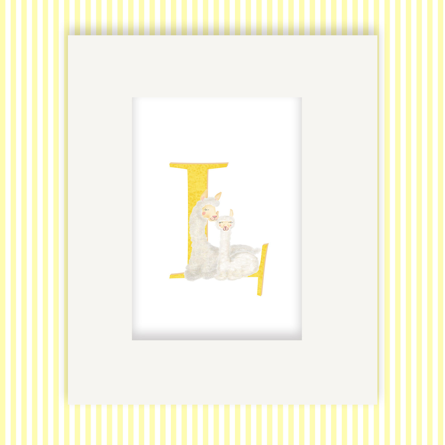 Mounted print hanging on the wall, of a capital letter L with a cute mother llama and baby cria.