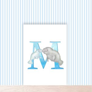Blue capital letter M with a cute mother and baby manatee swimming together.