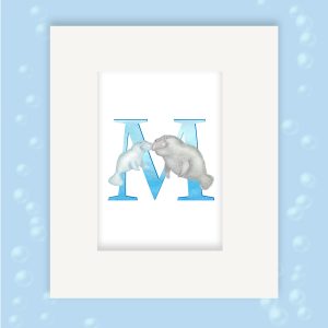 Mounted print hanging on the wall, of a blue capital letter M with a cute mother and baby manatee swimming together.