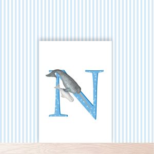 Blue capital letter N with a cute father and baby narwhal swimming together.
