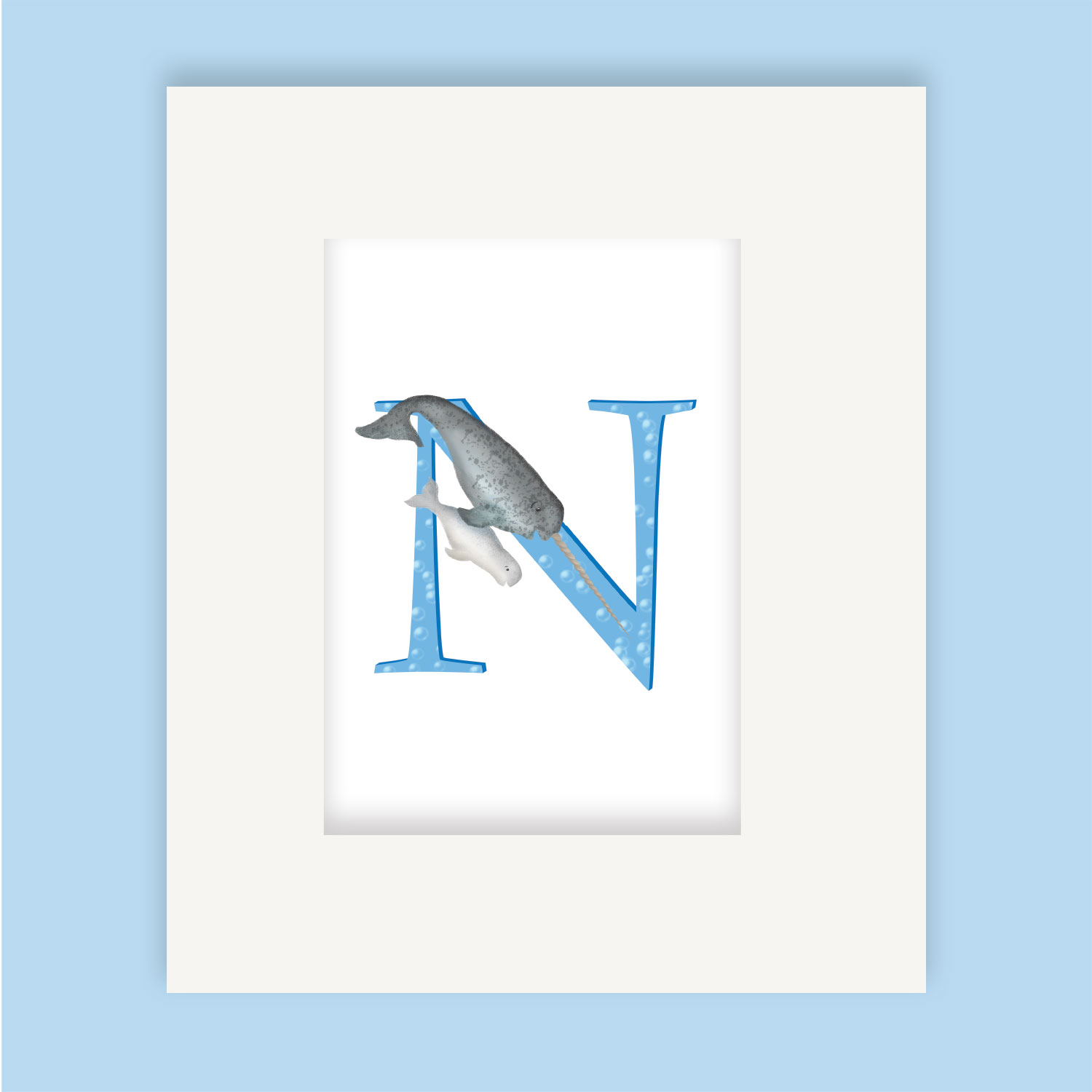 Mounted print hanging on the wall, of a blue capital letter M with a cute father and baby narwhal swimming together.