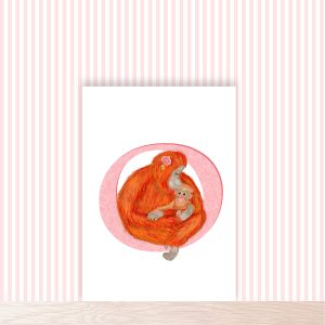 Orange capital letter O with a cute mother orangutan cuddling her baby.