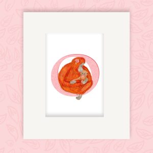 Mounted print hanging on the wall, of a pink capital letter O with a cute mother and baby orangutan.