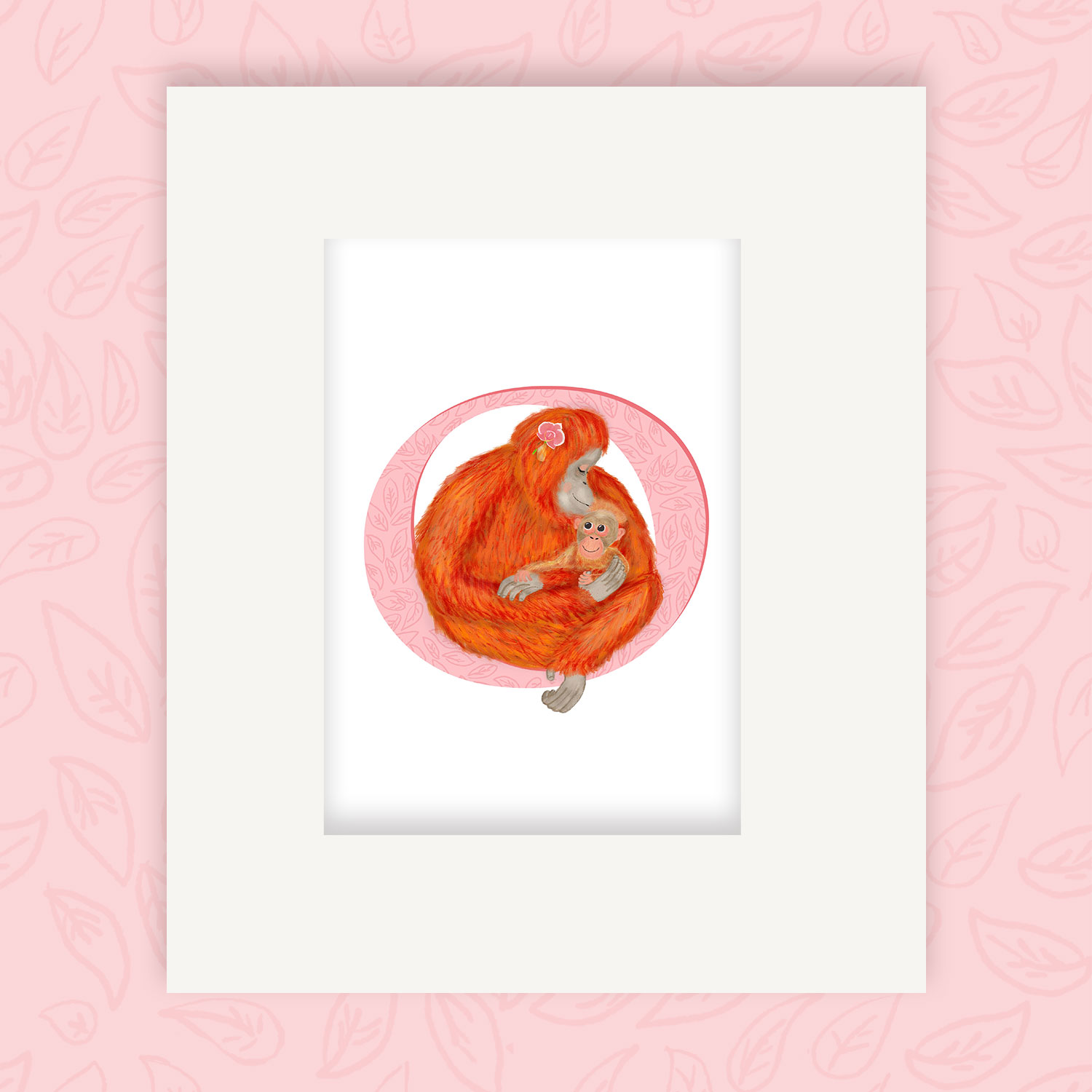 Mounted print hanging on the wall, of a pink capital letter O with a cute mother and baby orangutan.