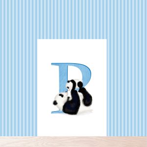 Print with a blue capital letter P with a cute mother and baby panda.