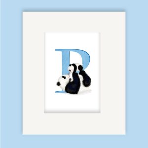 Mounted print hanging on a wall, with a blue capital letter P with a cute mother and baby panda.
