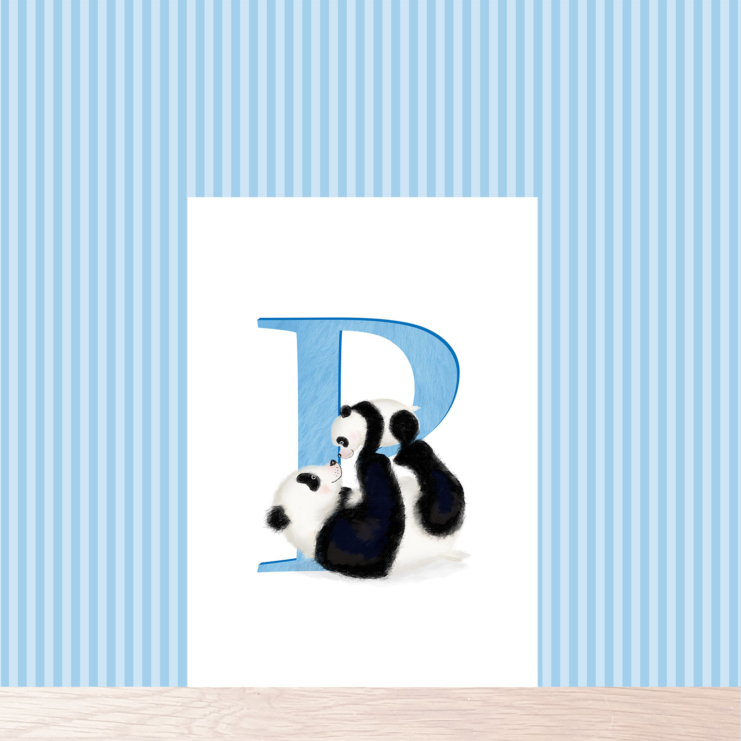 Print with a blue capital letter P with a cute mother and baby panda.