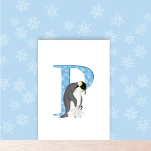 Blue capital letter bear with a cute father penguin and chick.