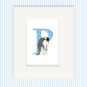 Mounted print hanging on the wall, of a blue capital letter P with a cute father penguin and chick.