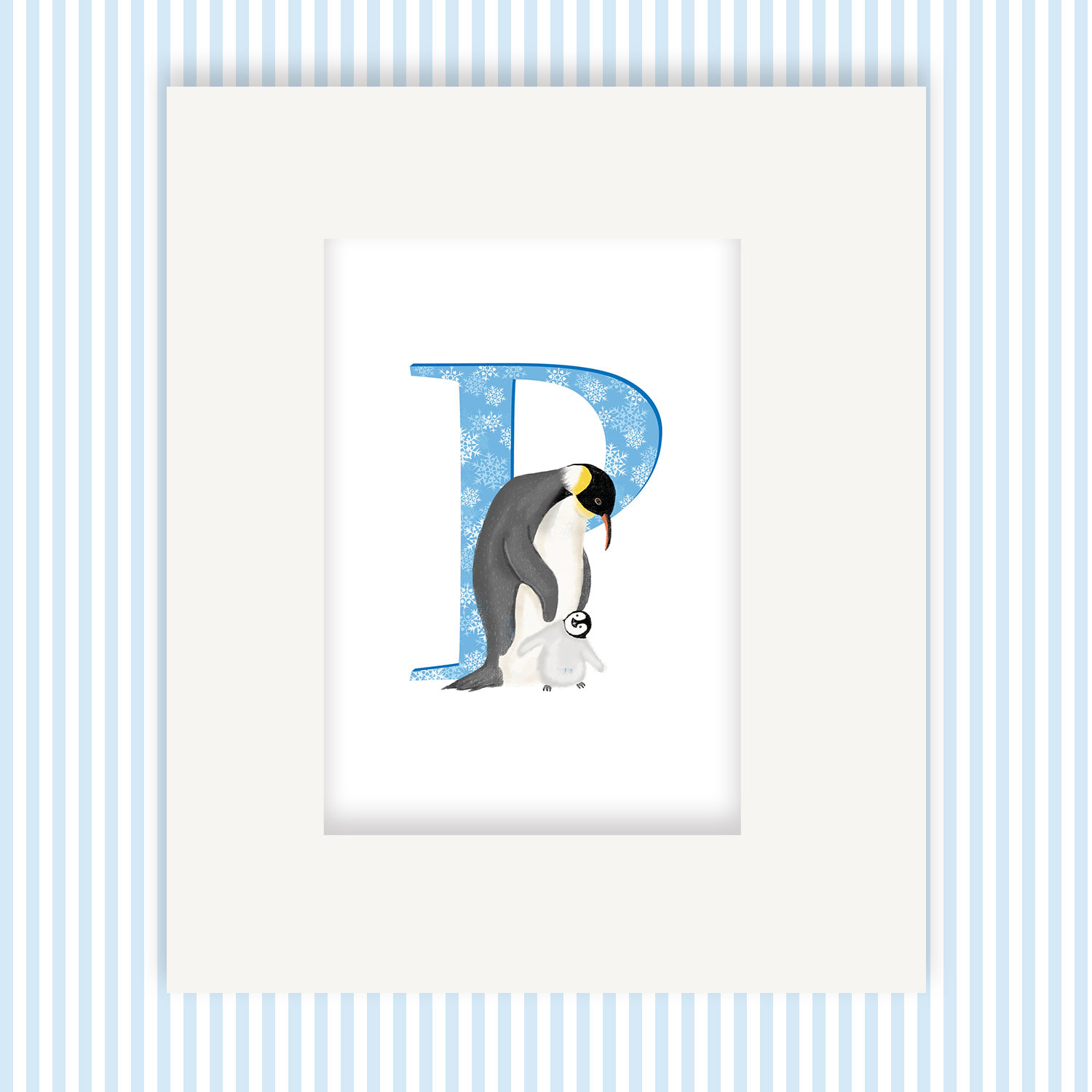 Mounted print hanging on the wall, of a blue capital letter P with a cute father penguin and chick.