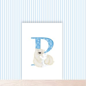 Blue capital letter P with a cute mother polar bear hugging her cub.